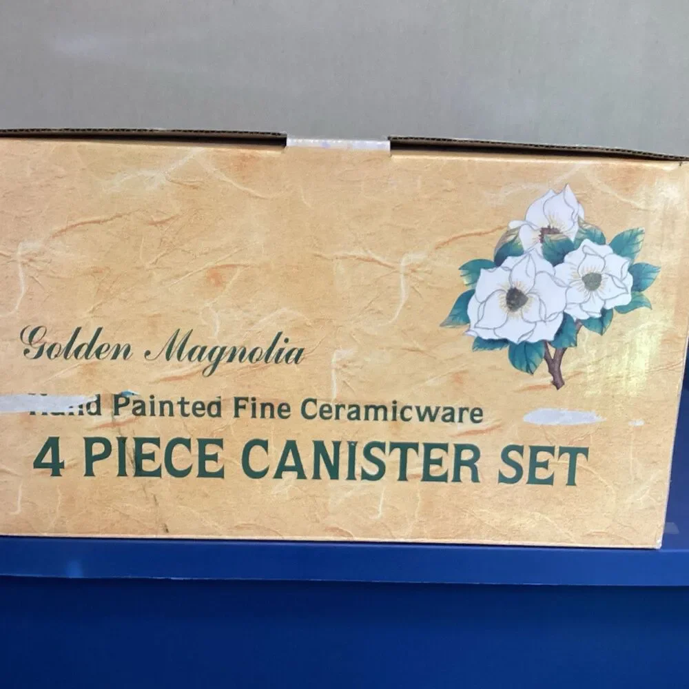 vtg kk golden magnolia 4 piece canister set hand painted ceramic ware 6078